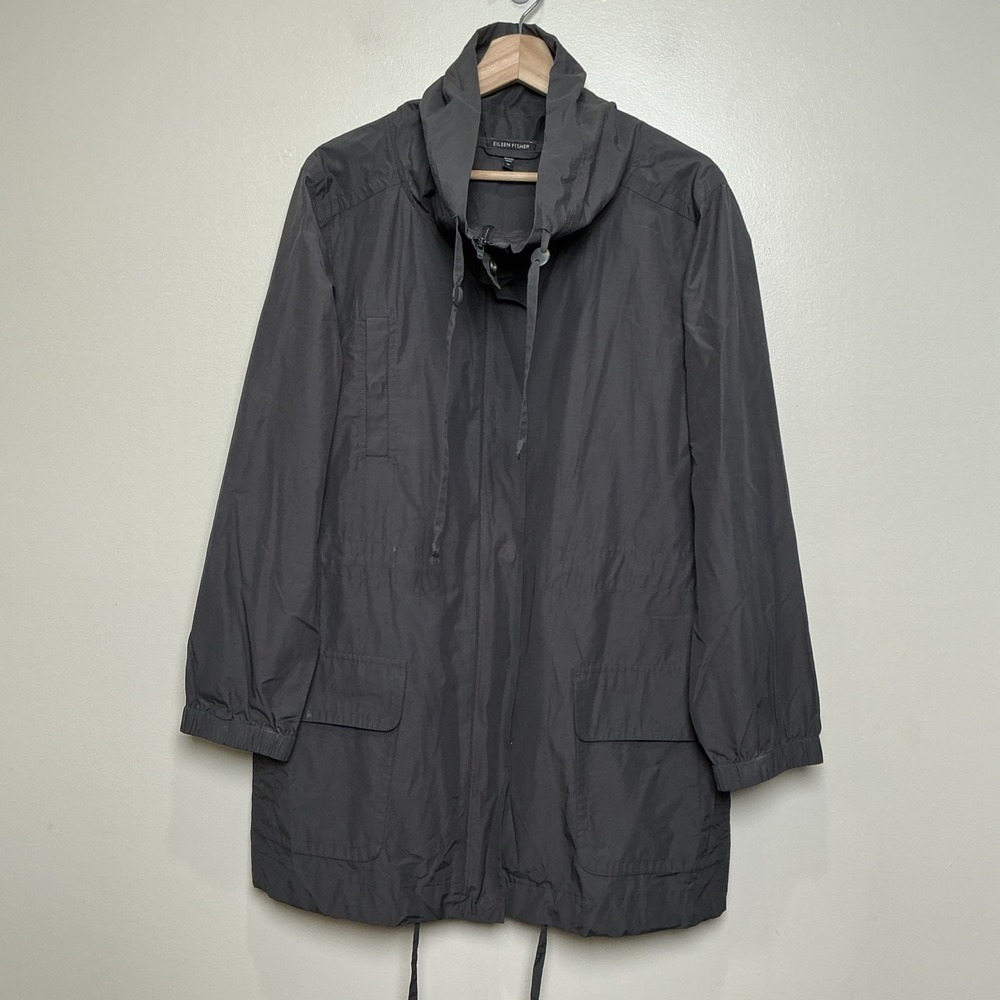 Eileen Fisher Jacket Women's Medium Army Green Cotton Nylon Rain Stand Collar